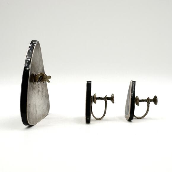 Vintage Mexican Modernist Sterling Silver Brooch & Earrings Set 925 - Picture 8 of 13